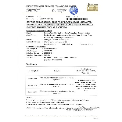 Report On Durability Test For Fire-Resistant Laminated Safety Glass