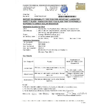 Report On Durability Test For Fire-Resistant Laminated Safety Glass